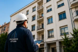 Empresa de rehabilitación de fachadas en Vitoria-Gasteiz revisando edificio residencial