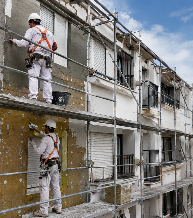 Fachada deteriorada en proceso de rehabilitación en Vitoria-Gasteiz